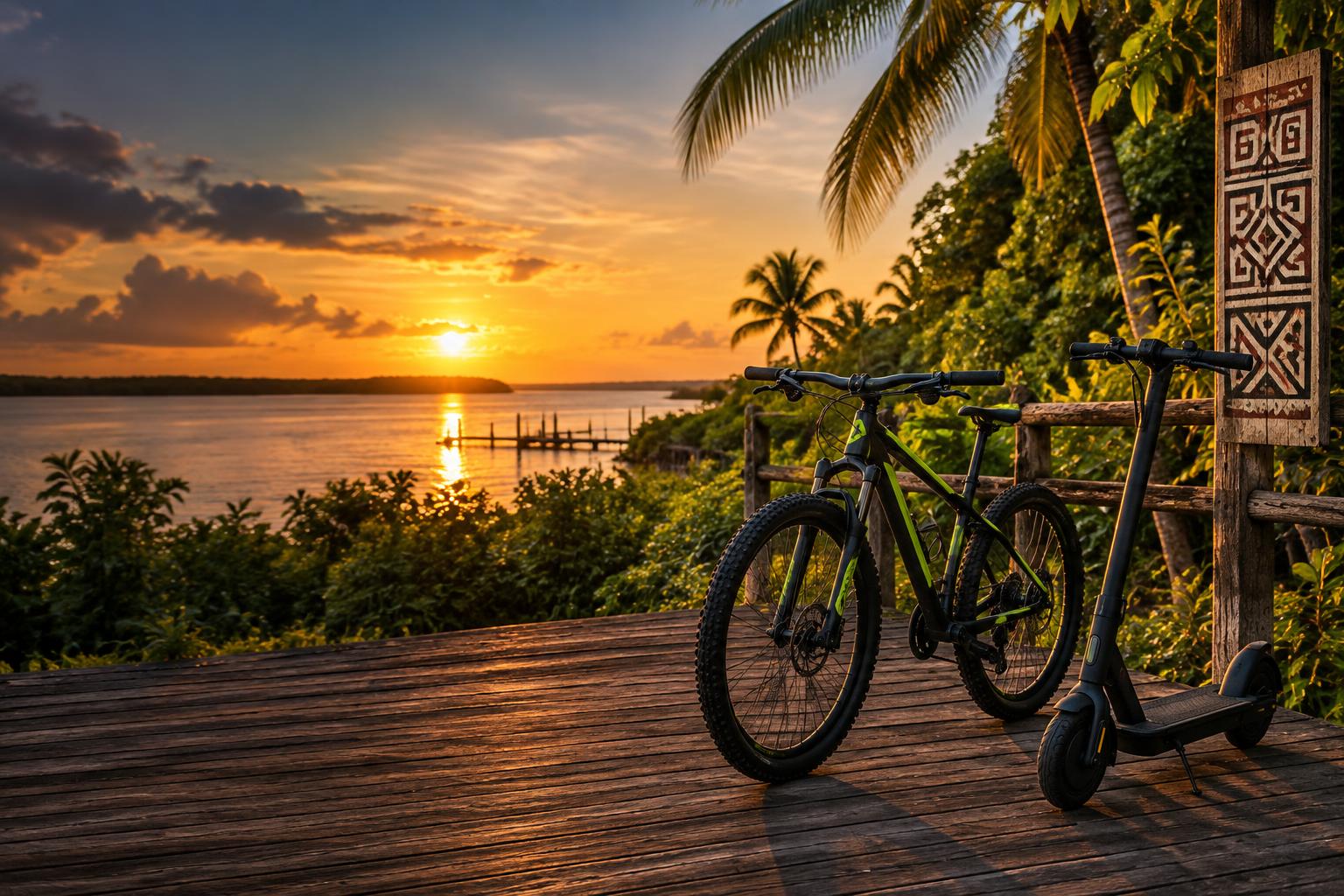 Bicicleta e patinete elétrico em um deck à beira-rio no pôr do sol do Marajó